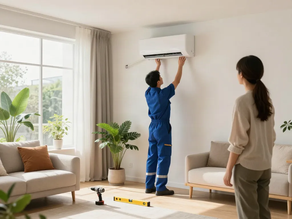 Professional installation of ductless ac unit in stylish living room.
