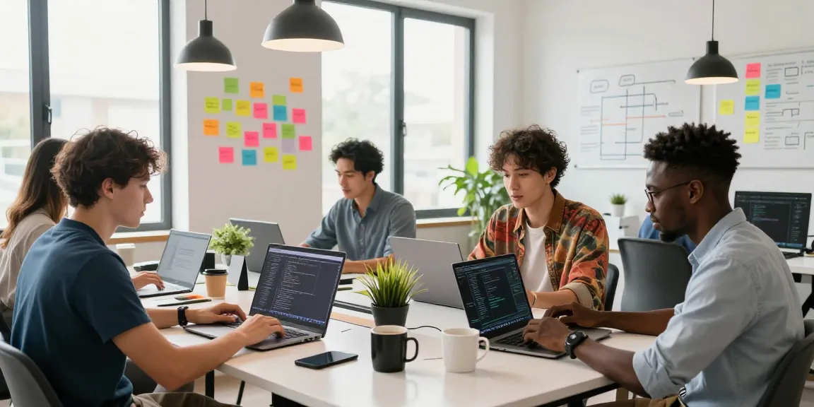 Collaborative workspace showcasing a diverse team of developers engaged at the WPS Official Website project, emphasizing teamwork and innovation.