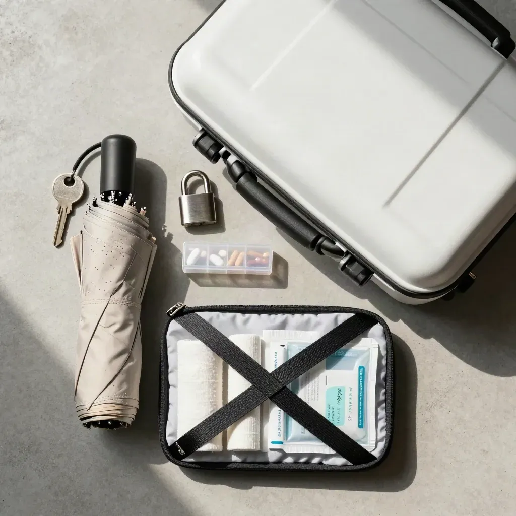 Travel insurance kit with umbrella, lock, pill organizer and hard shell case on pale concrete.