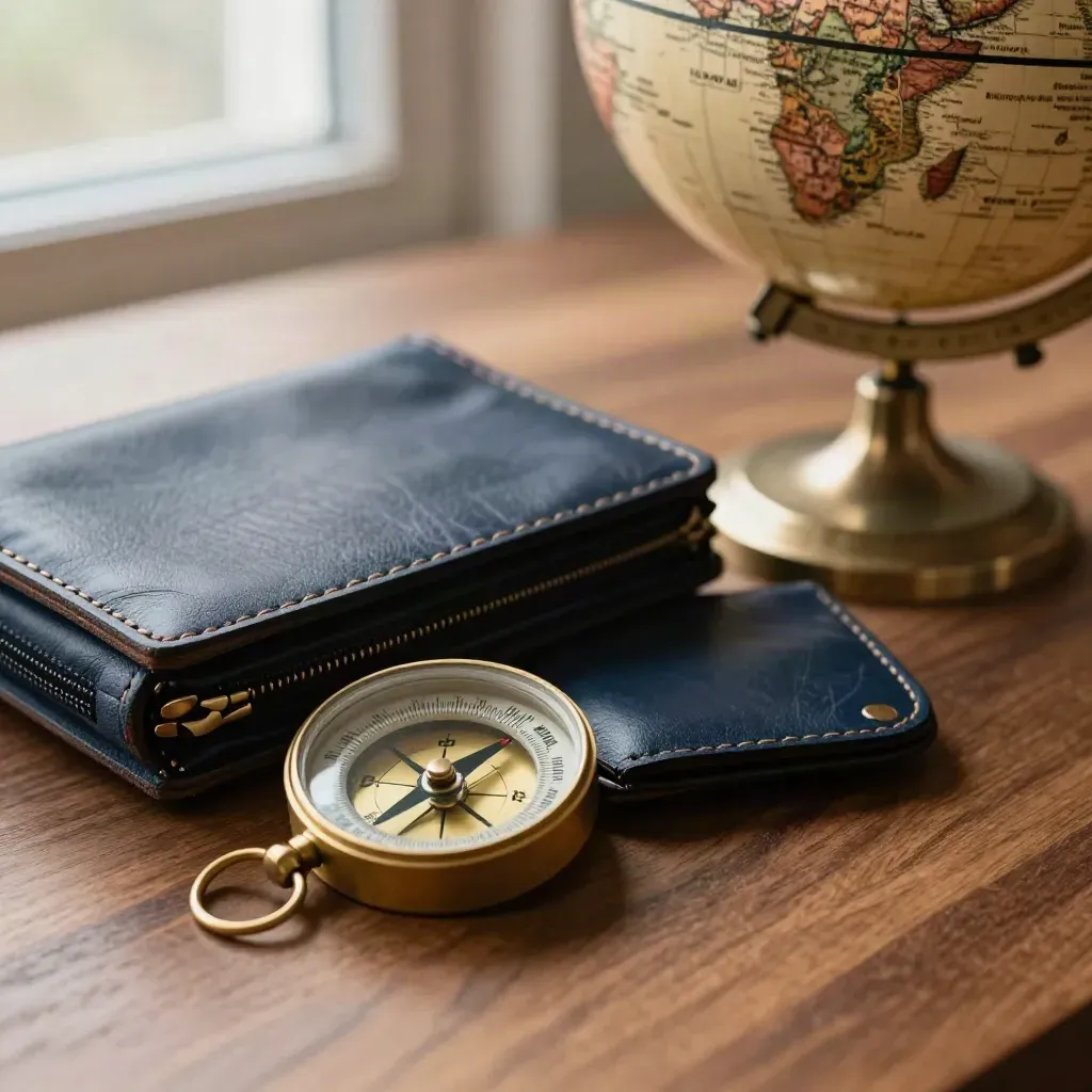 Brass compass, navy travel pouches, and a globe base on walnut in extreme macro.