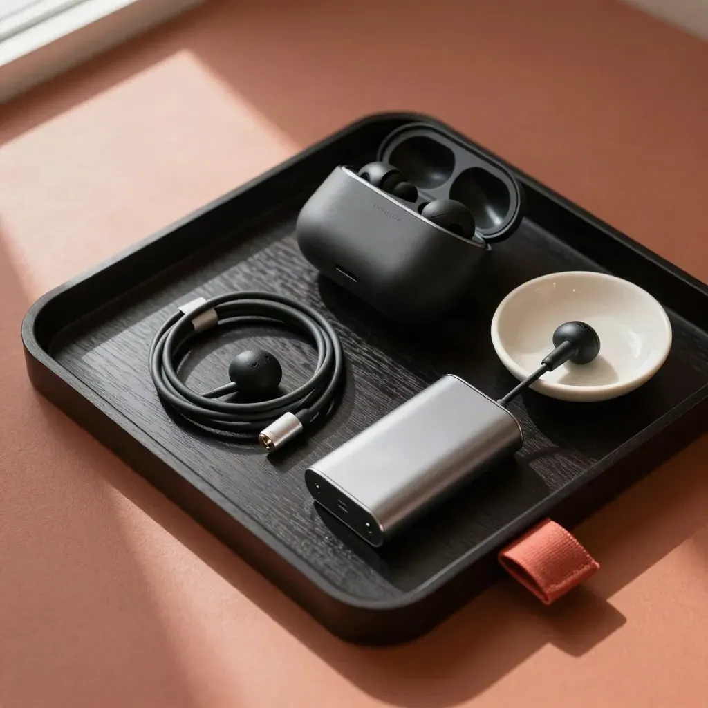 Top-down tray still life with headset case, cable, battery pack and ceramic dish.