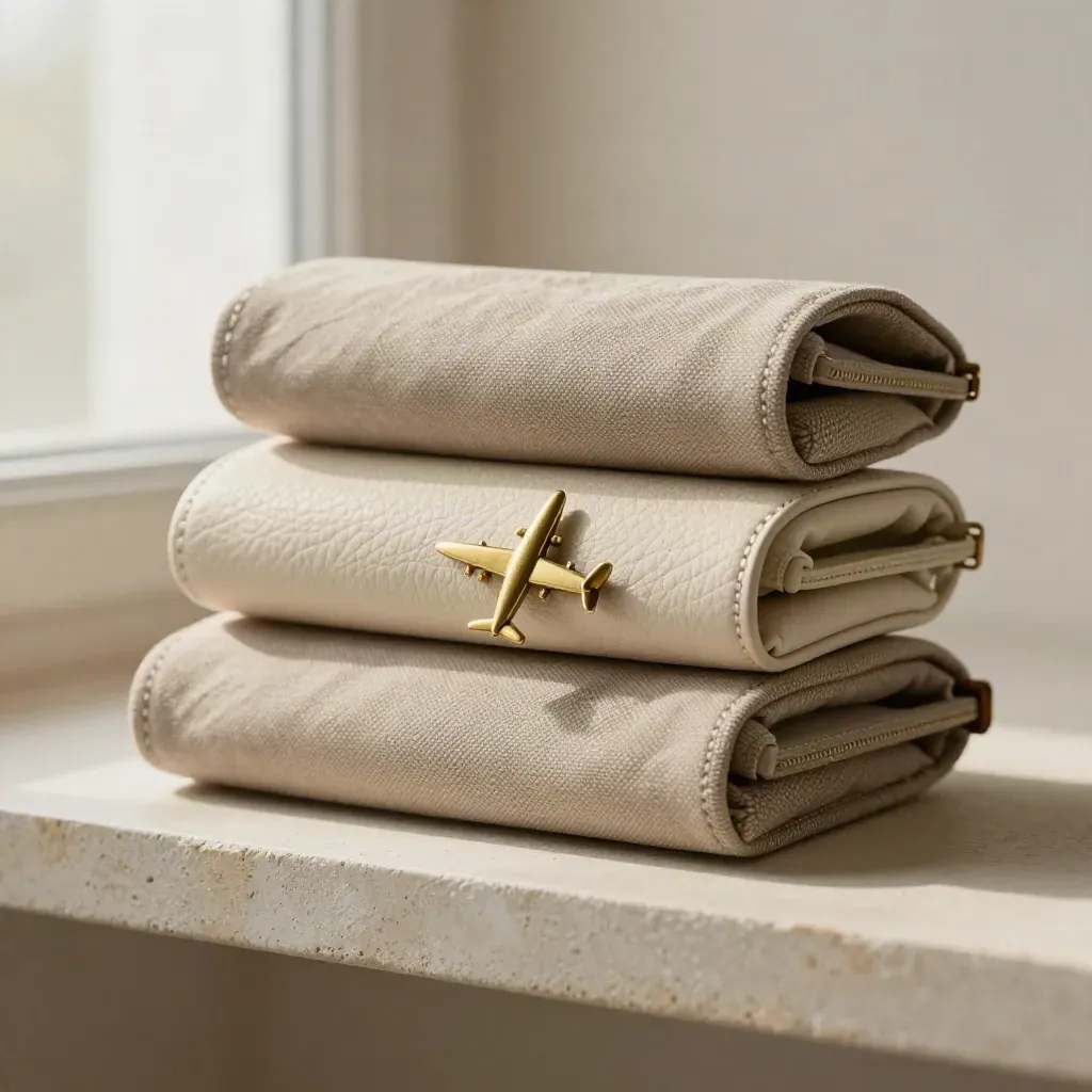 Three slim travel pouches and a brass plane charm on a pale plaster ledge.