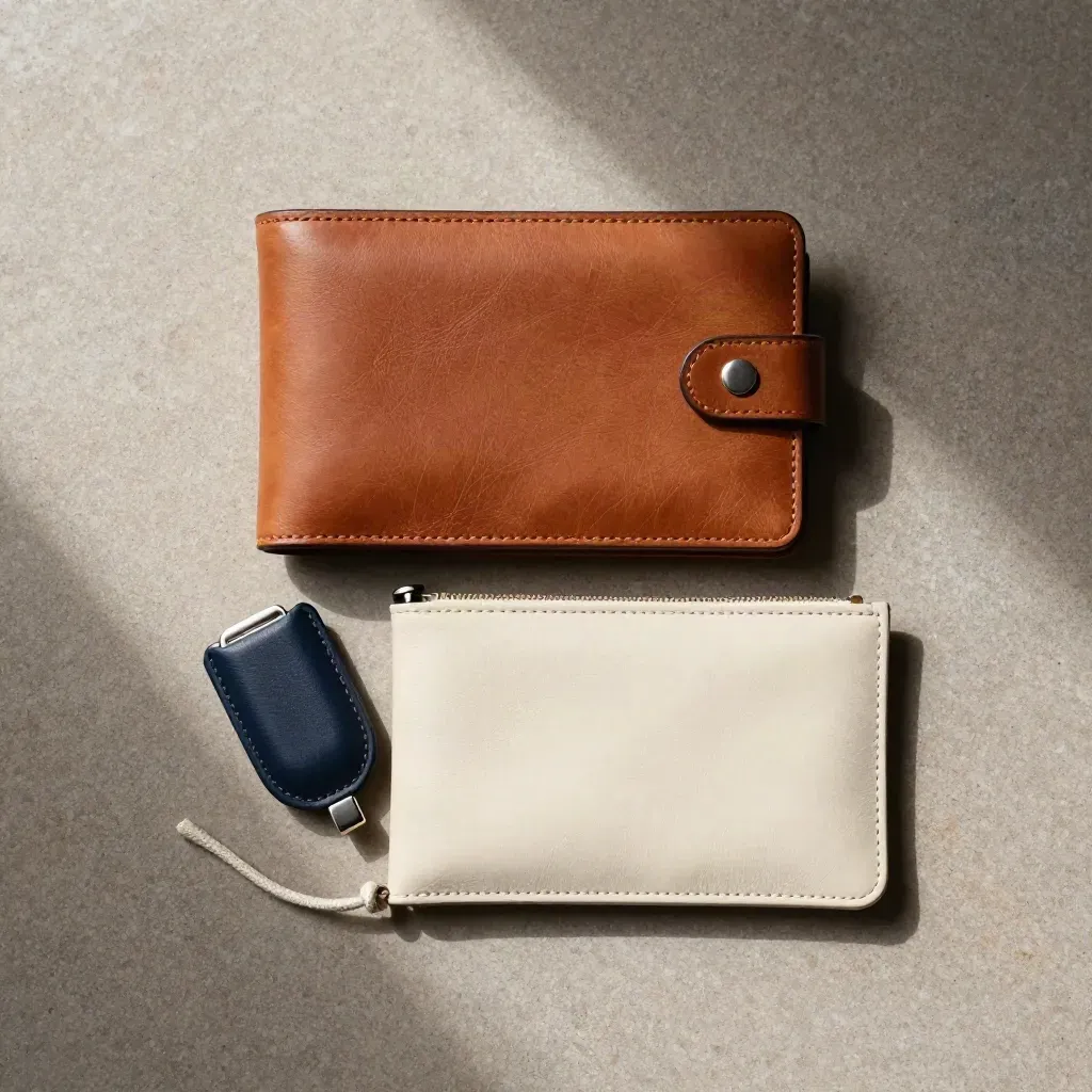 Overhead flatlay of a leather travel wallet, key fob, and sealed pouch on warm stone.