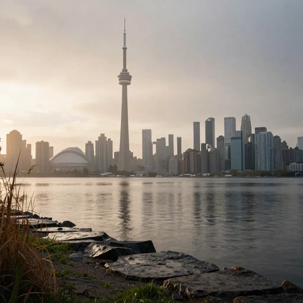 Toronto skyline and CN Tower above calm lakeshore water in humid post-rain haze